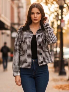 Houndstooth Cropped Jacket with Black Corduroy Collar